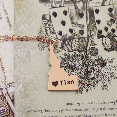 Rose Gold Idaho State USA Map Necklace With Heart