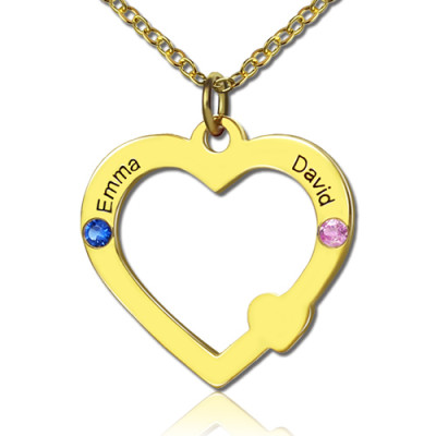 18K Gold Open Heart Necklace with Double Name Birthstone