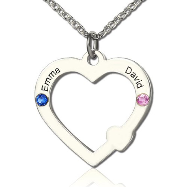 Sterling Silver Double Name Open Heart Necklace with Birthstone