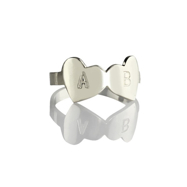 Women's Double Heart Engraved Letter Ring in Sterling Silver - Customize with Your Engraved Message