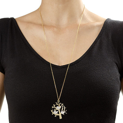 Gold Plated Tree Necklace with Silver Initial Bird Charms