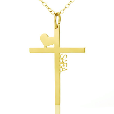 Personalised Silver Cross Name Necklace with Heart in 18ct Gold Plate