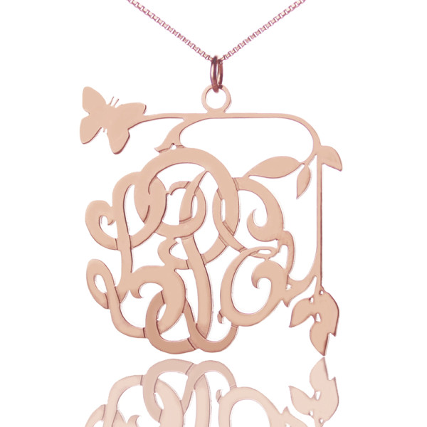 Rose Gold Plated Butterfly & Vines Necklace - Monogrammed 18 Carat