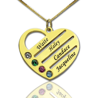 18ct Gold Plated Mothers Birthstone Heart Necklace Engraved Names  With My Engraved