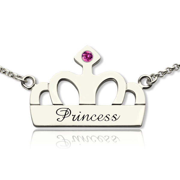 Personalised Sterling Silver Crown Charm Name Necklace with Birthstone
