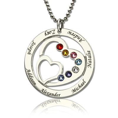 Personalised Heart in Heart Birthstone Name Necklace Silver  - By The Name Necklace;