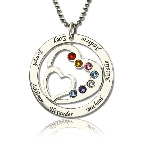 Personalised Silver Heart in Heart Necklace with Name & Birthstone