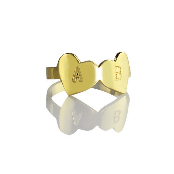 Personalised 18ct Gold Plated Double Heart Ring with Engraved Letterfeature