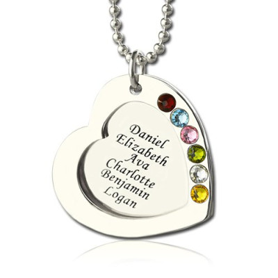 Personalised Sterling Silver Heart Family Birthstone Necklace