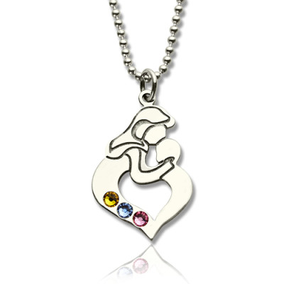 Personalised Mother Child Necklace with Birthstone Silver  - By The Name Necklace;