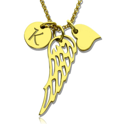 Gold Angel Wing Necklace with Personalised Initial Charm, 18k Gold Plated