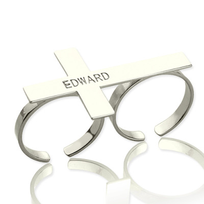Personalised Two-Finger Cross Name Ring in Sterling Silver with Custom Engraving