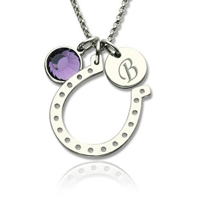 Engraved Initial with Birthstone Horseshoe Good Luck Necklace