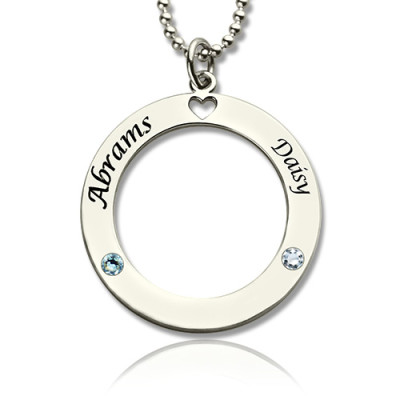 Personalised Engraved Name Necklace with Circle of Love & Birthstone in Sterling Silver