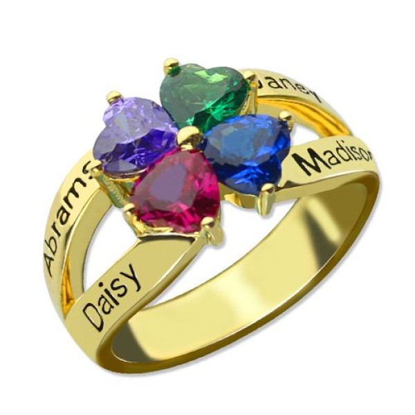 18ct Gold Plated Family Ring w/ 4 Clover Hearts - Perfect for Mom