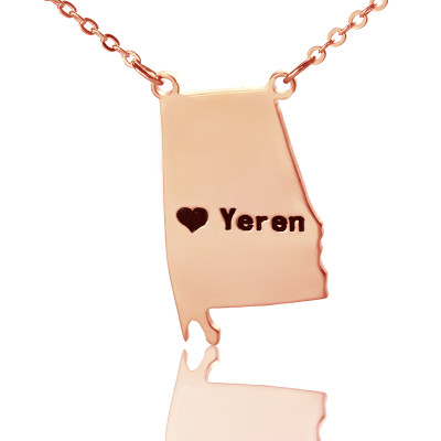 Custom Alabama State USA Map Necklace With Heart  Name Rose Gold - By The Name Necklace;