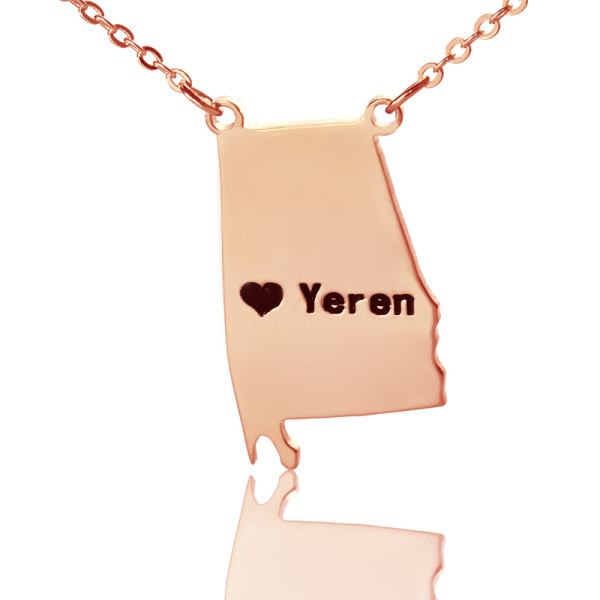 Personalised AL State Love Map Necklace with Heart and Name in Rose Gold