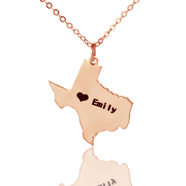 Rose Gold Texas State USA Map Pendant Necklace with Heart Charm