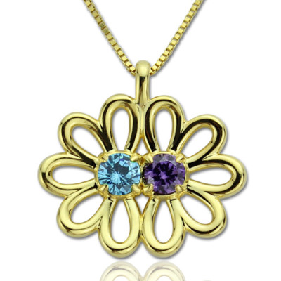 Custom Double Flower Pendant 18k Gold Plated Sterling Silver with Birthstone