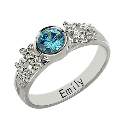 Custom Engraved Flower Name Ring with Birthstone in Sterling Silver