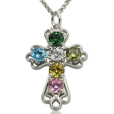Personalised Cross Necklace with Birthstones Sterling Silver  - By The Name Necklace;