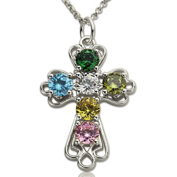 Personalised Sterling Silver Cross Necklace with Birthstones