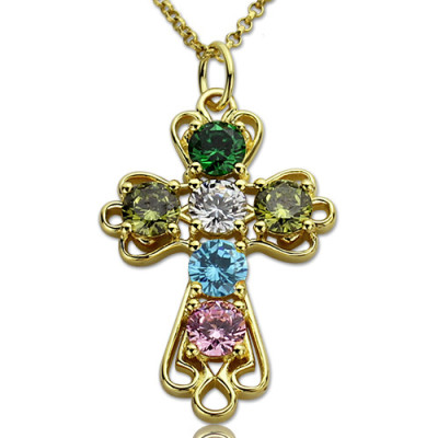 Personalised Cross necklace with Birthstones Gold Plated Silver  - By The Name Necklace;