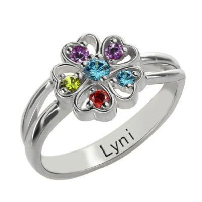 Promise Flower Ring Engraved Name  Birthstone Sterling Silver  With My Engraved