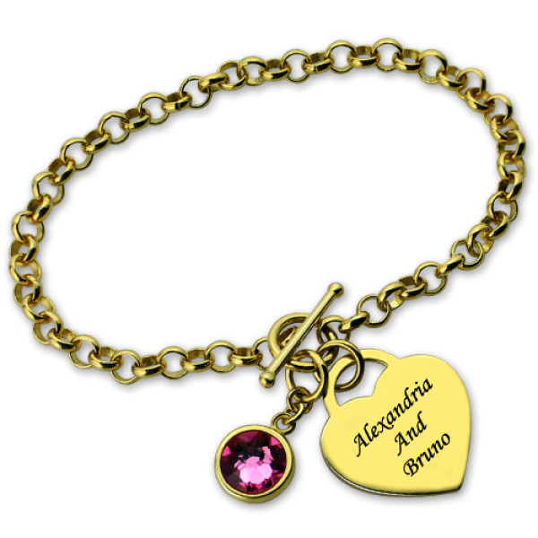 Personalised Birthstone Bracelet with Engraved Heart Name Charm - 18ct Gold Plated