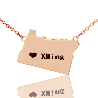 Personalised Rose Gold Oregon State Map Necklace with Heart Charm