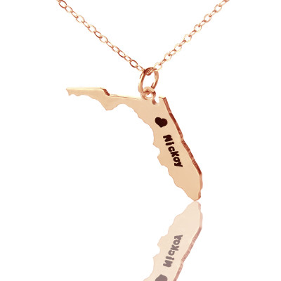 Custom Florida State USA Map Necklace With Heart  Name Rose Gold - By The Name Necklace;