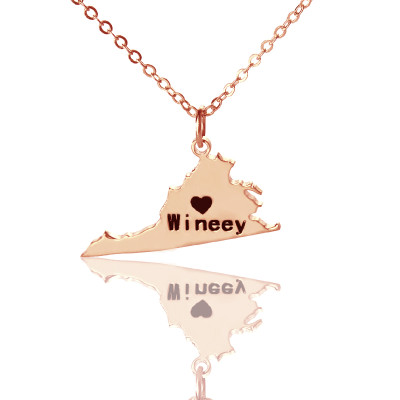 Rose Gold Virginia State USA Map Necklace With Heart