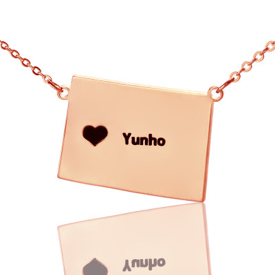 Wyoming State Shaped Map Necklaces With Heart  Name Rose Gold - By The Name Necklace;