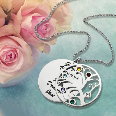 Custom Silver Pendant Necklace With Family Tree & Birthstone