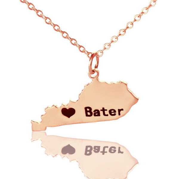 Personalised Kentucky State Map Pendant Necklace with Rose Gold Heart Engraved Names