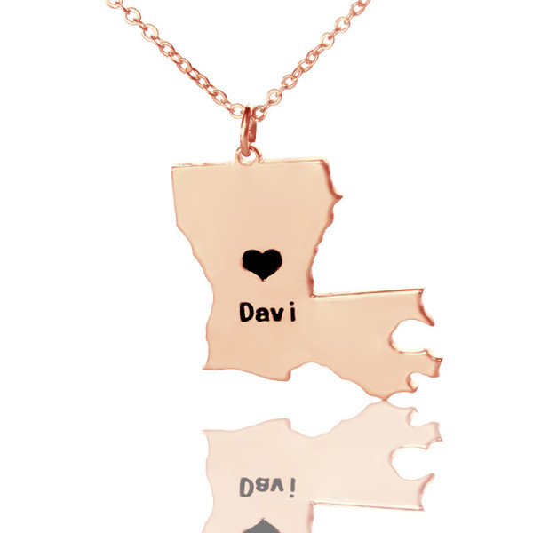 Rose Gold Custom Heart Name LSU State Shaped Necklace"