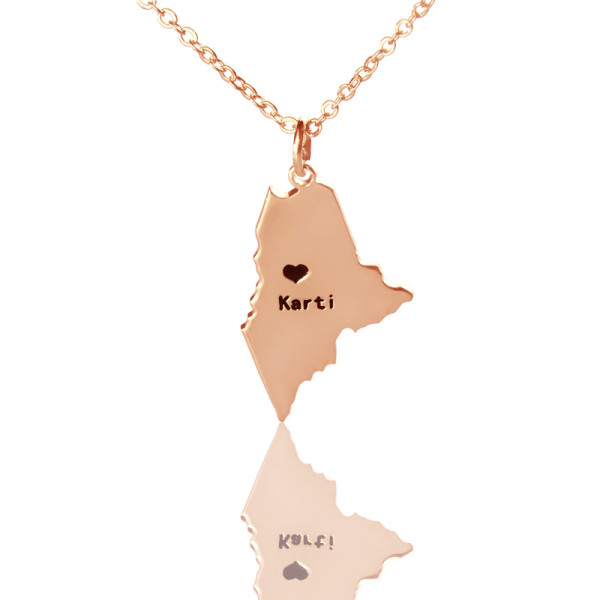 Engraved Custom Maine State Necklace with Heart and Rose Gold Name