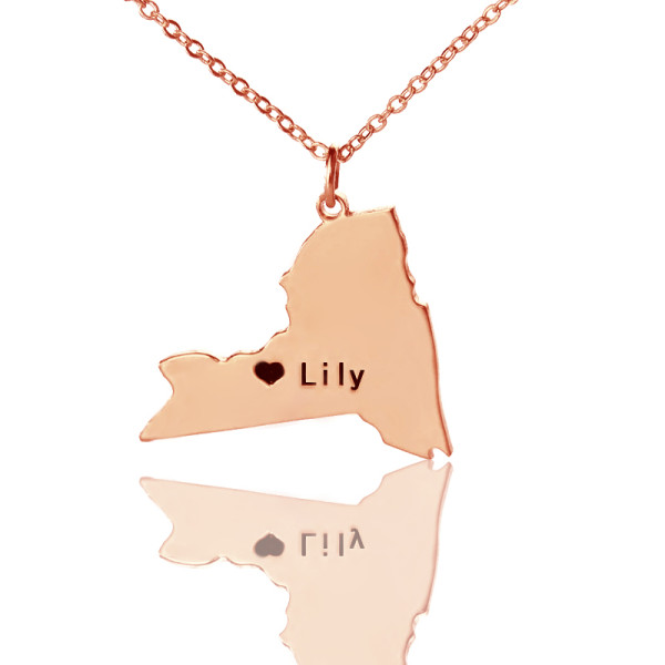 Custom Engraved New York State Necklace with Heart-Shaped Pendant in Rose Gold