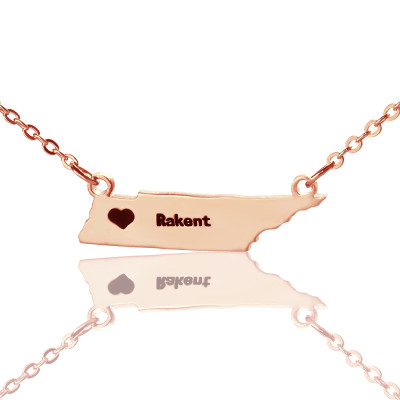 Custom Tennessee State Shaped Necklace With Heart and Rose Gold Plating