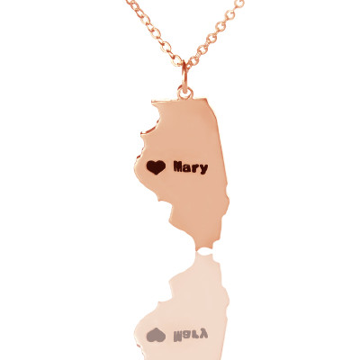 Custom Illinois State Shaped Necklaces With Heart  Name Rose Gold - By The Name Necklace;