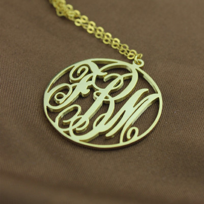 18ct Solid Gold Circle Initial Monogram Necklace with Vine Font