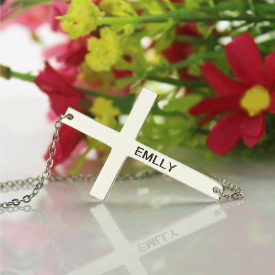 Sterling Silver Latin Cross Necklace with Engraved Name up to 1.25" Inches