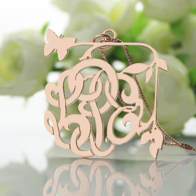 Rose Gold Plated Butterfly & Vines Necklace - Monogrammed 18 Carat