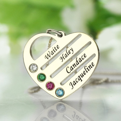Personalised Mothers Heart Necklace Gift w/ Birthstone and Name Engraving