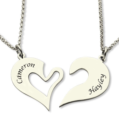 Customisable Engraved Names Silver Breakable Heart Pendant Couples Necklace