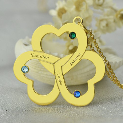 Personalised 18ct Gold Plated Triple Heart Birthstone Necklace With Custom Name Engravings