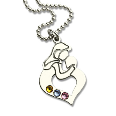 Engraved Mother and Child Necklace with Birthstone in Silver