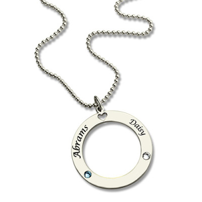 Personalised Engraved Name Necklace with Circle of Love & Birthstone in Sterling Silver