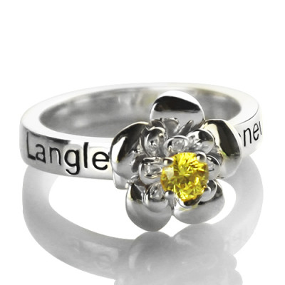 Personalised Name & Birthstone Rose Ring - Sterling Silver