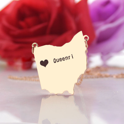 Personalised Ohio USA Map Necklace with Heart & Name in Rose Gold